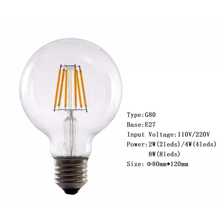 High Quality G80 Decorative Edison LED Light E26 E27 B22 120v 220v 4w 6w 8w Dimmable Led Filament Bulb