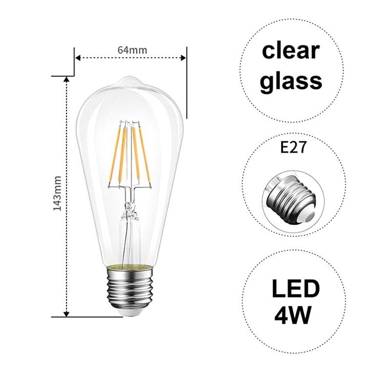 ST64 LED Light Bulb E26 E27 120V 220V 4W 5W 6W 8W Dimmable Clear Glass LED Edison Light Bulb