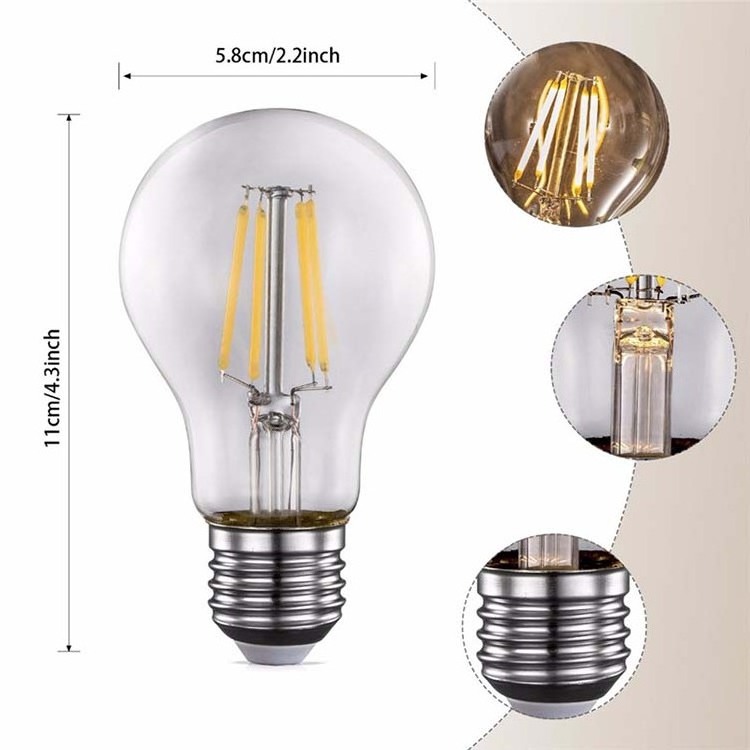 Clear A60 Edison Bulb 60mm E26 E27 2700k 3000k  Soft Warm White  LED Filament Bulb