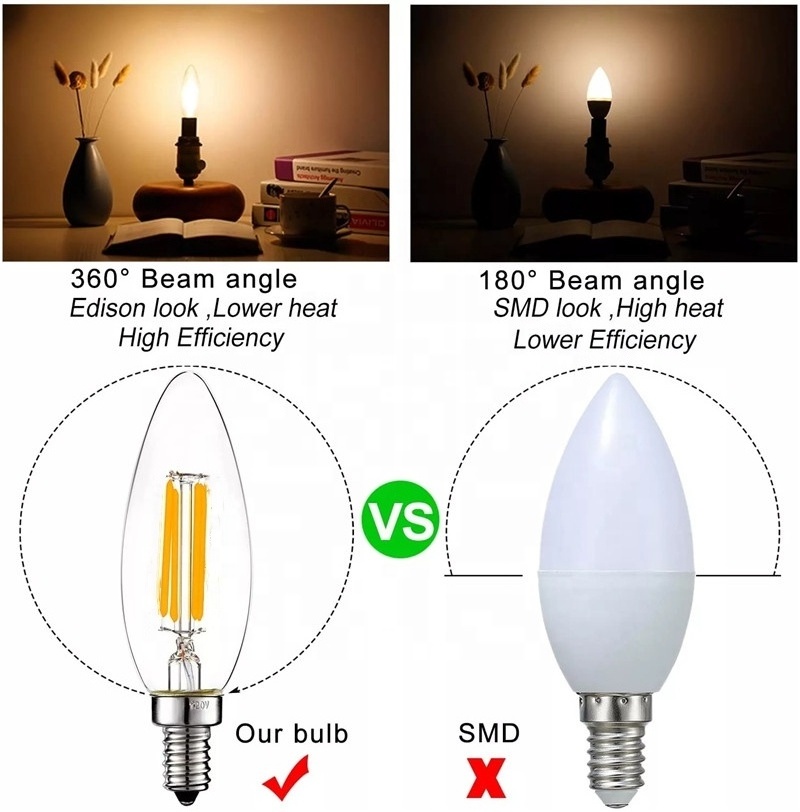 CHINA Factory C35 Warm White E12 E14 4W 5W clear candle Vintage Edison Bulb Light 2700K 6500K LED Filament Bulb