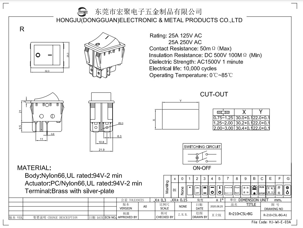 waterproof 4 pin green rocker switch 250V 25a