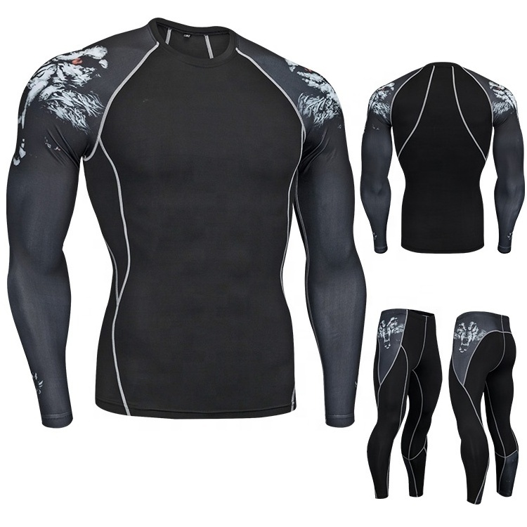 Wholesale 2 Pieces Sports Suits Men Fitness Gym Clothing Training Running Tights Compression Leggings Rash Guard Suits