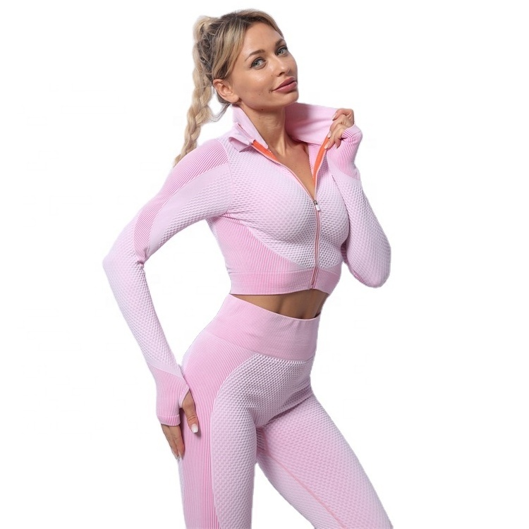 Wholesale 2 Pieces Bubble Thick Fitness Yoga Wear Set Thumb Hole Long Sleeves Top Seamless Quick Dry Workout Yoga Leggings