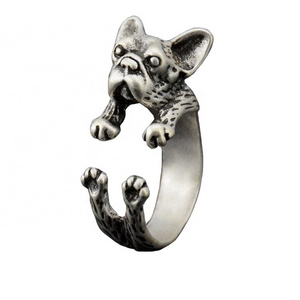 Manufacturer design dog finger open adjustable rings antique black vintage oxidized silver french bulldog ring