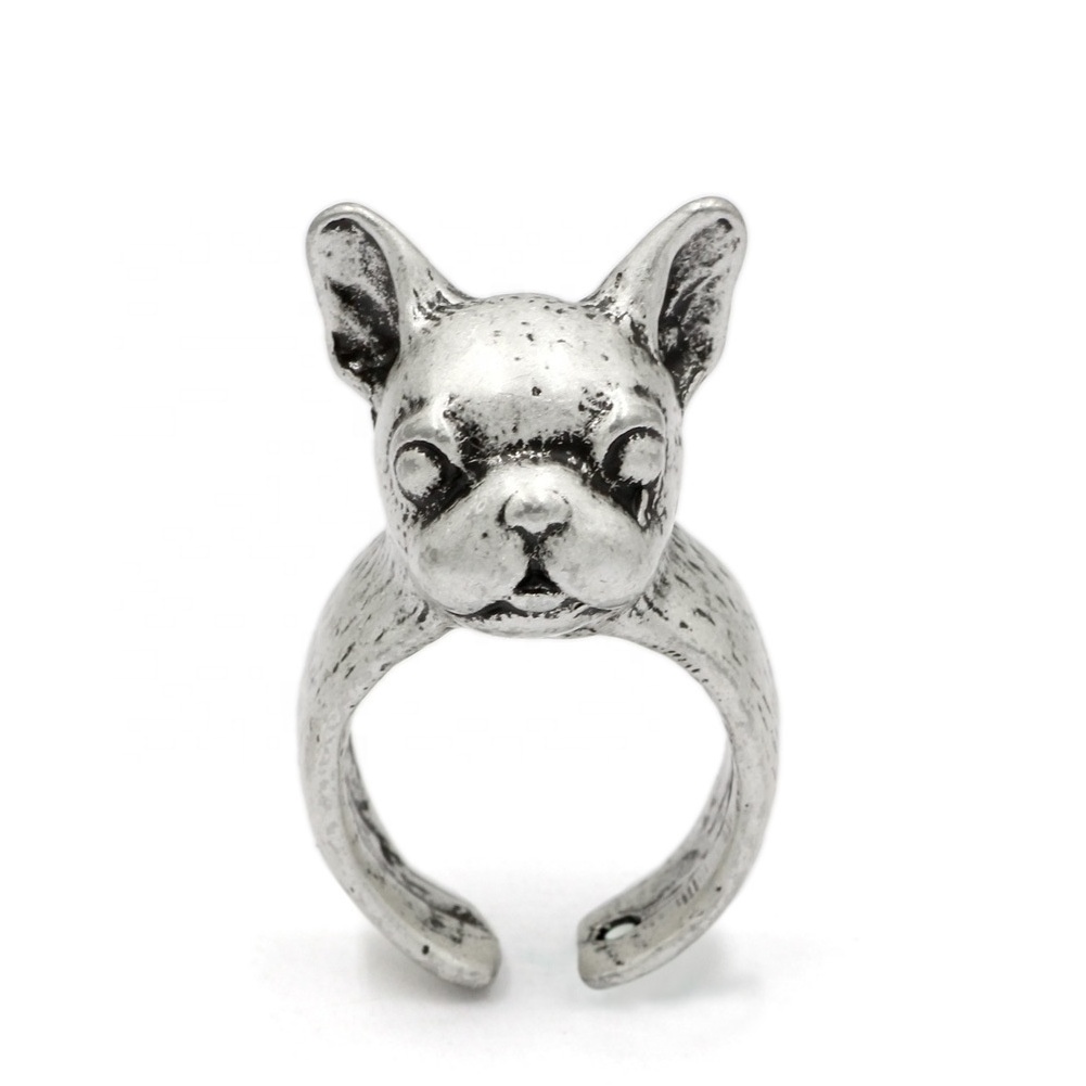 Manufacturer design dog finger open adjustable rings antique black vintage oxidized silver french bulldog ring