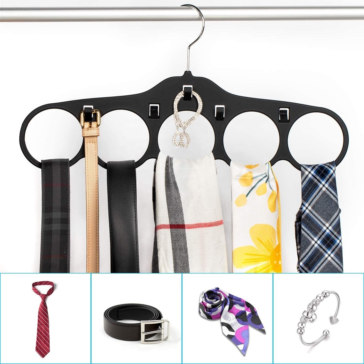 5 Hole Non Slip Tie Rack & Belt Holder with Hooks Velvet Scarf Hanger