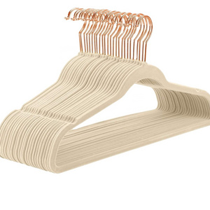 ANQI PACK OF 50 beige copper hook sturdy factory made hot sale velvet suit hanger flocked clothes hanger sturdy hanger