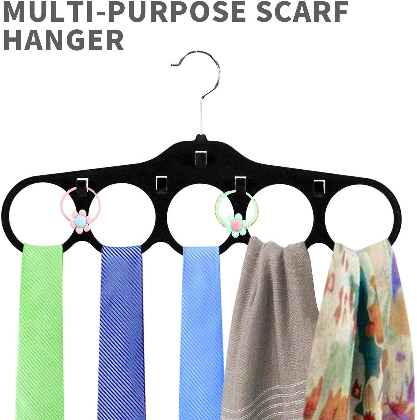 5 Hole Non Slip Tie Rack & Belt Holder with Hooks Velvet Scarf Hanger