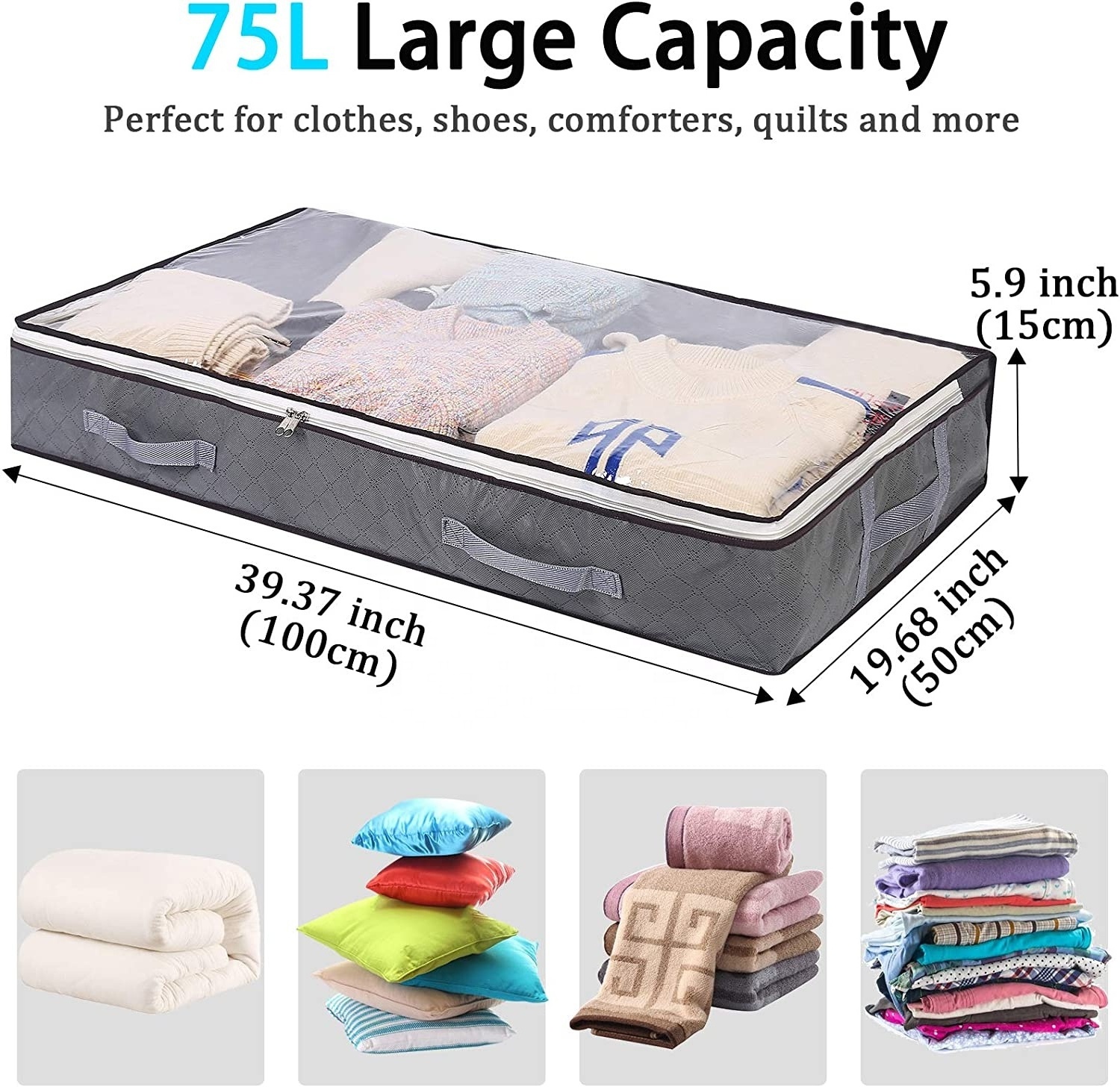 ANQI 75L  Non-Woven Fabric Clothes Bags Clear Underbed Storage Bags for Clothes