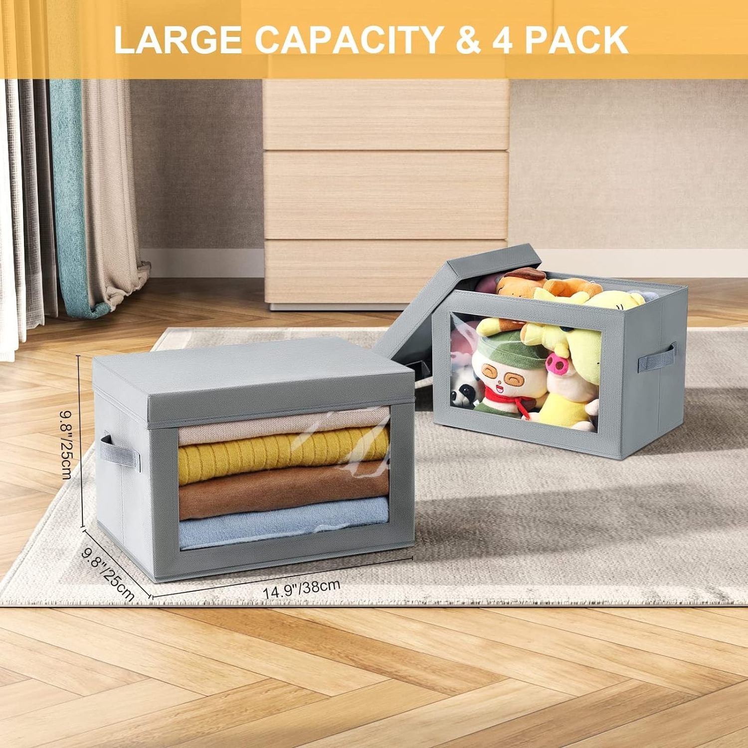 ANQI SET OF 4 foldable and stackable with see though window sturdy with lid  storage box storage cubes