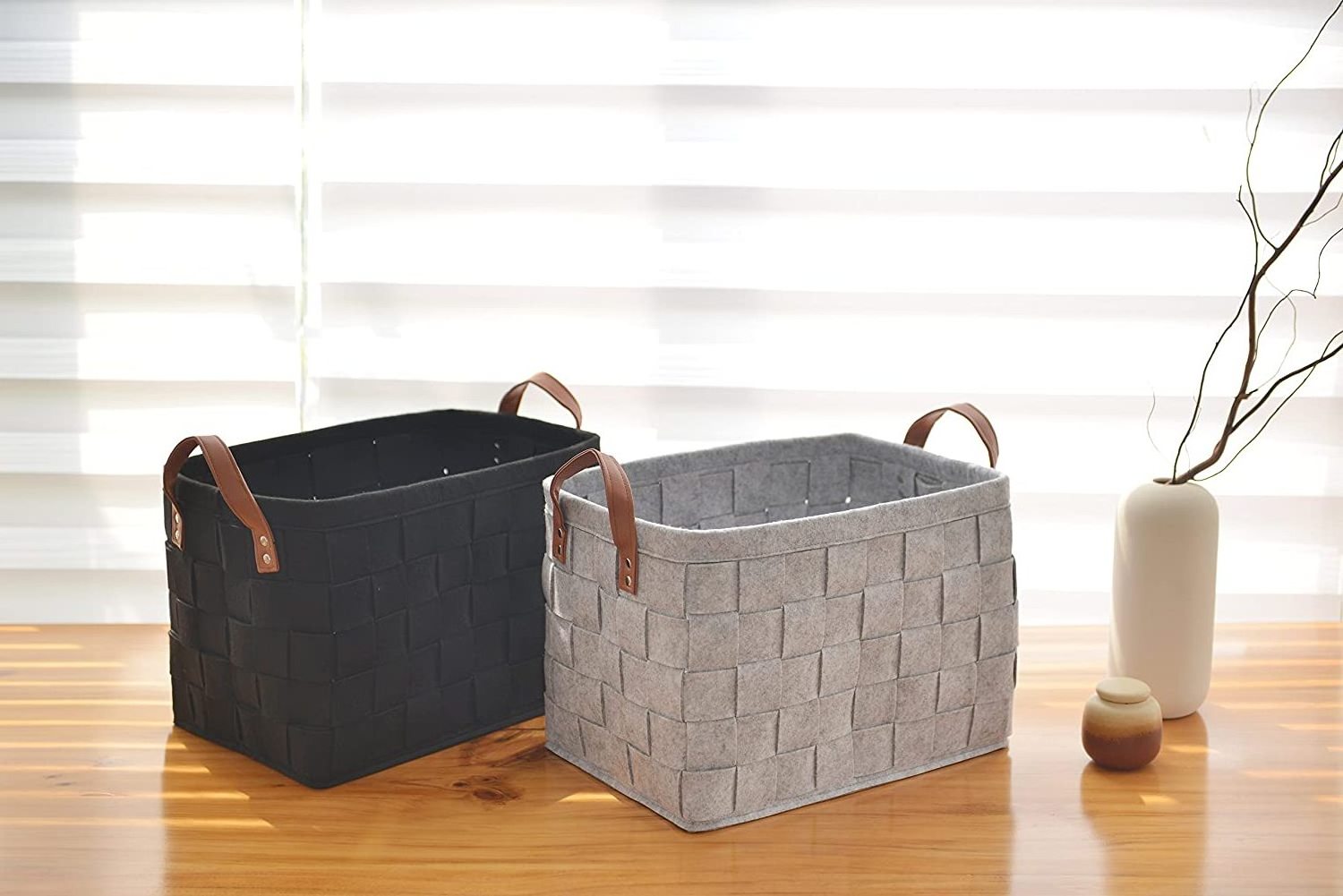 Collapsible Storage Basket Bins Foldable Handmade Rectangular Felt Fabric Storage Box Cubes Containers with Handle