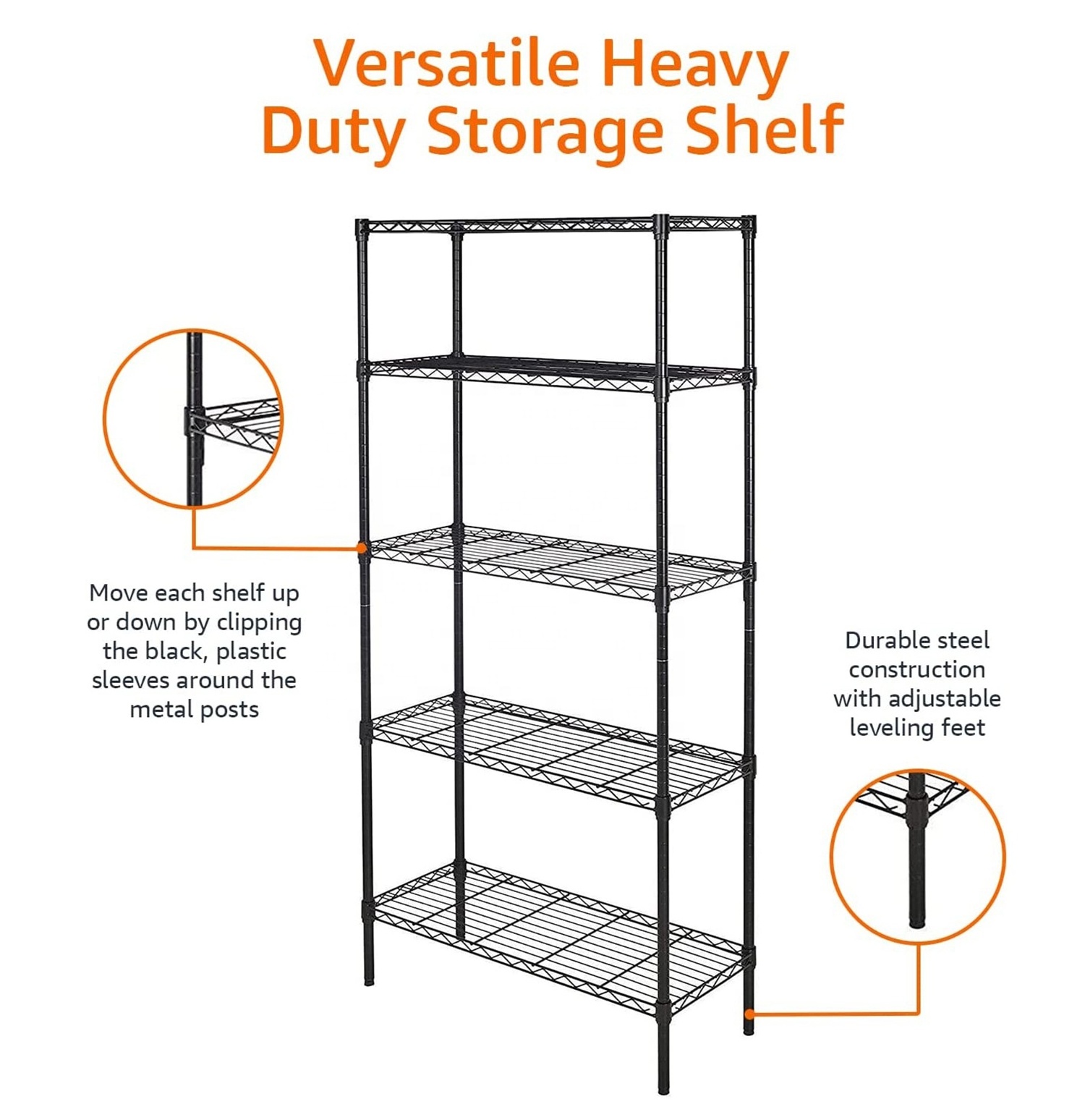 5-Shelf Adjustable Heavy Duty Storage Rack Kitchen Steel Shelf Organizer Wire Rack