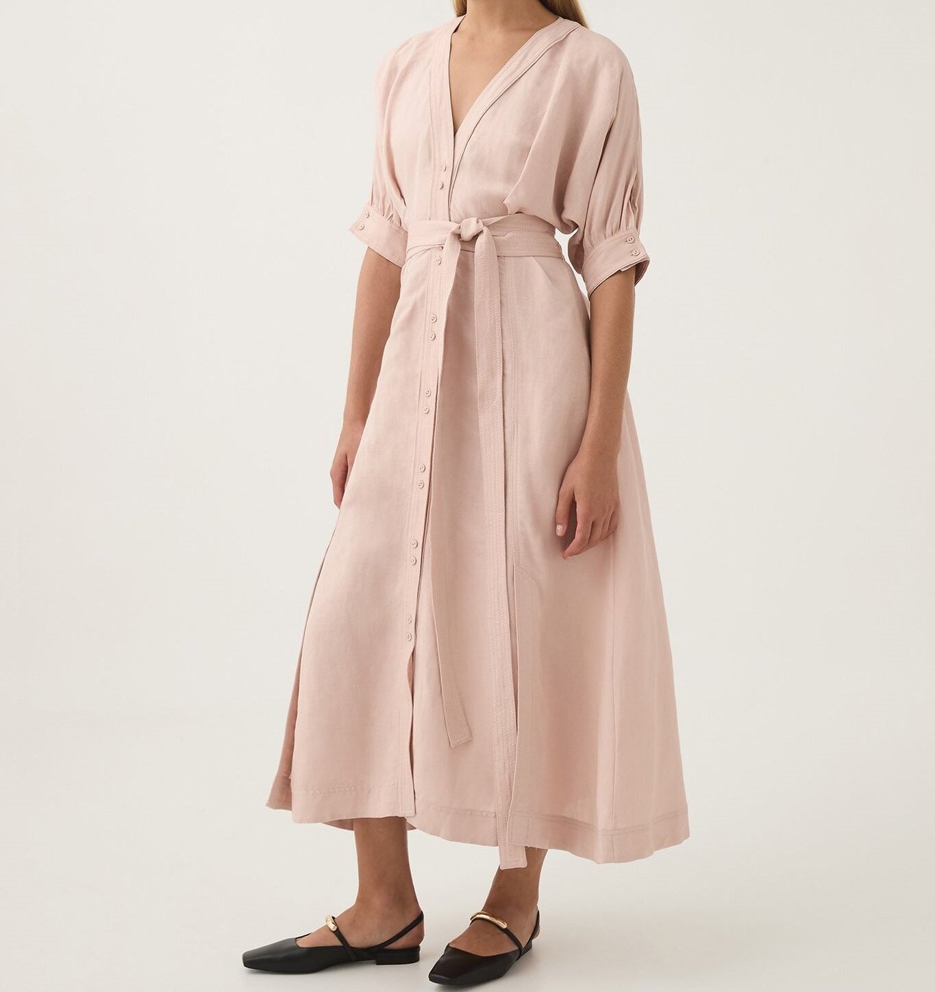 New Arrival Linen clothing  V neck Long pink dress summer Casual Short sleeve dress for women