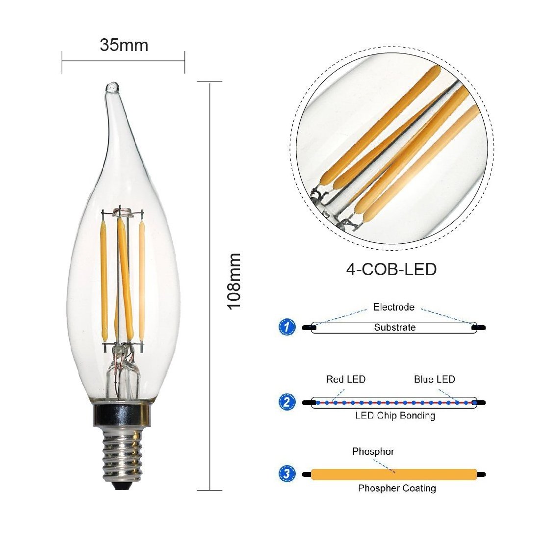 E14 LED Filament C35 Lamp C35L Dimmable Glass Candle Bulb AC 220V 240V 4W 8W 12W Replace 20W 40W 60W Halogen Light Chandelier