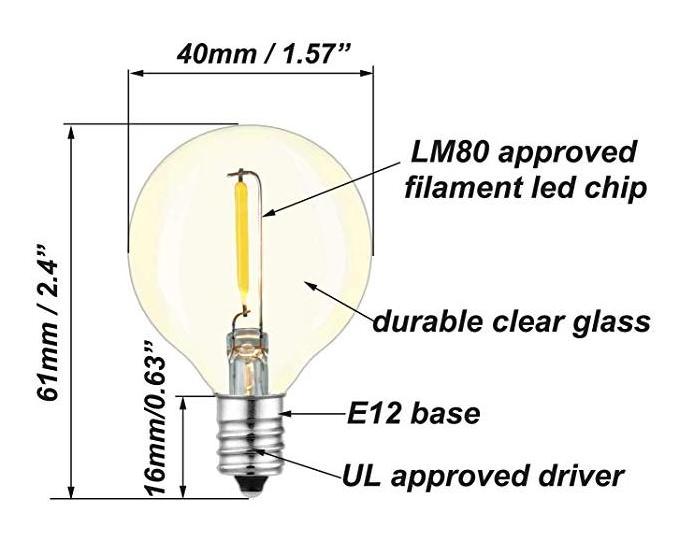 1W G40 Led Replacement Bulbs, Small Round Light Bulbs for Patio, 2200k Globe String Lights, E12