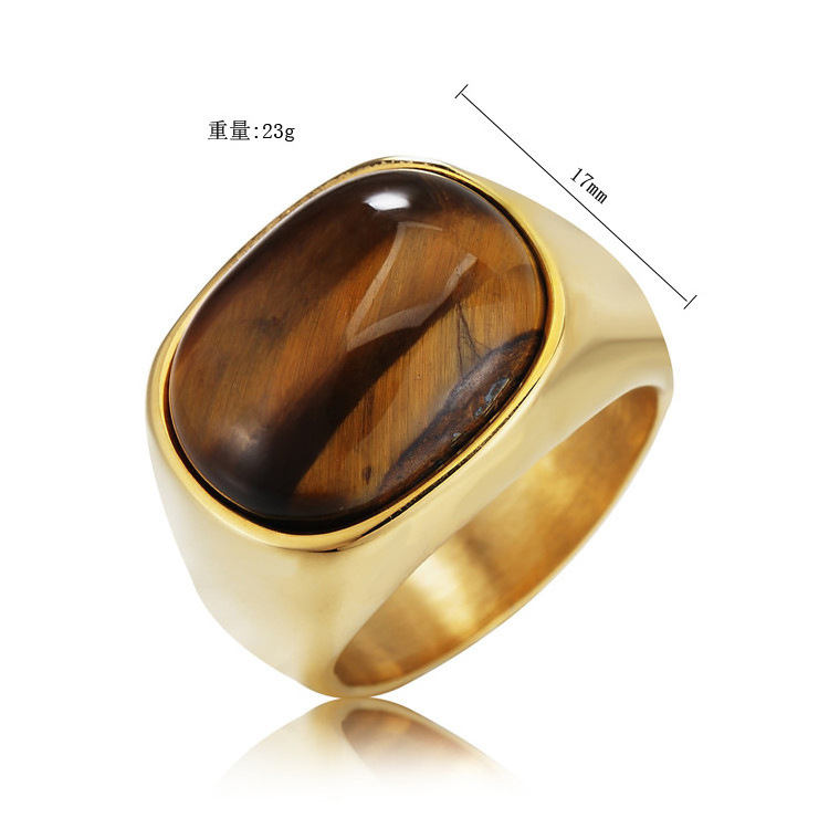 Retro Fashion Light Luxury Jewelry Hip Hop Tiger Eye Stone Men Ring Gold Plated Stainless Steel Natural Stone Finger Ring