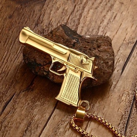 Fashion Hip Hop Jewelry Gold Plated Stainless Steel Hand Pistol Gun Pendant Necklace for Mens Boys