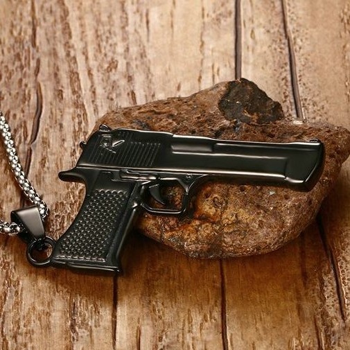 Fashion Hip Hop Jewelry Gold Plated Stainless Steel Hand Pistol Gun Pendant Necklace for Mens Boys