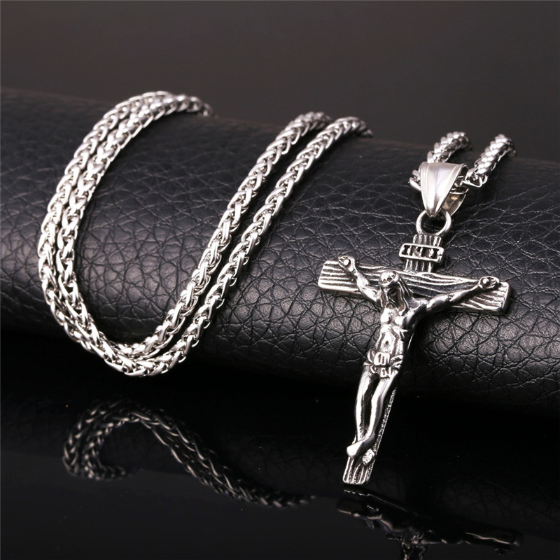 NSM0034  Hotsale Design Jesus Stainless Steel Cross Pendant Necklace Gold Color Catholic Religious Cross Necklace