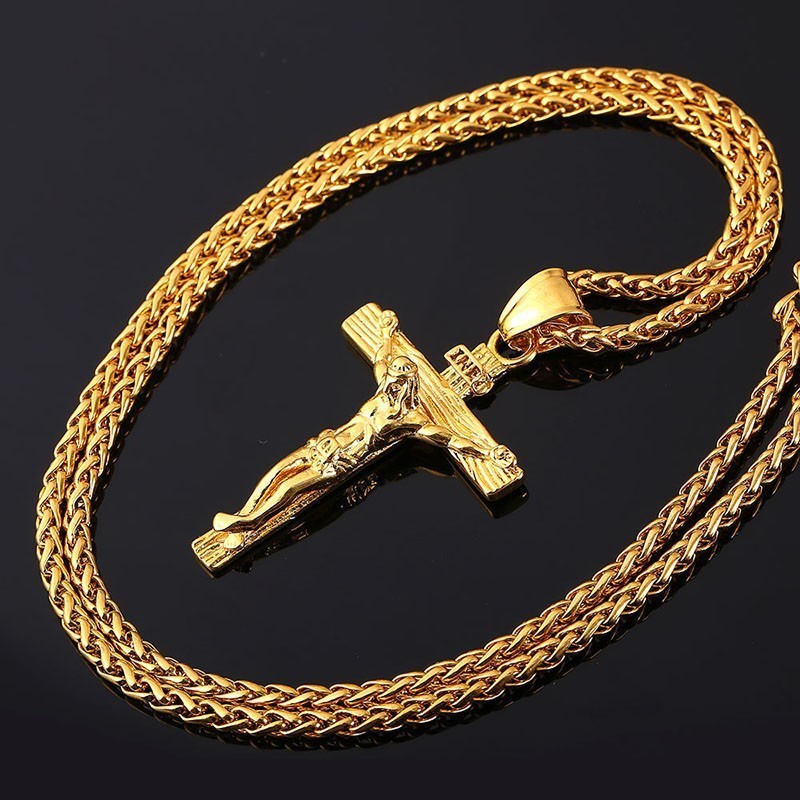 NSM0034  Hotsale Design Jesus Stainless Steel Cross Pendant Necklace Gold Color Catholic Religious Cross Necklace