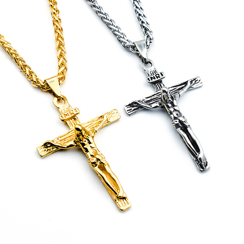 NSM0034  Hotsale Design Jesus Stainless Steel Cross Pendant Necklace Gold Color Catholic Religious Cross Necklace