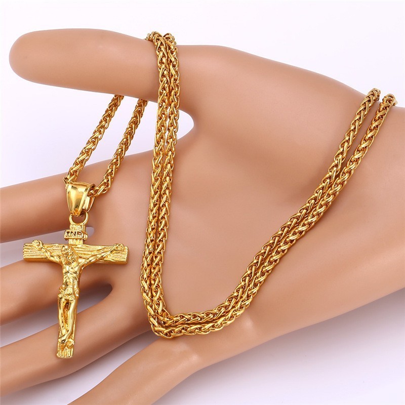 NSM0034  Hotsale Design Jesus Stainless Steel Cross Pendant Necklace Gold Color Catholic Religious Cross Necklace