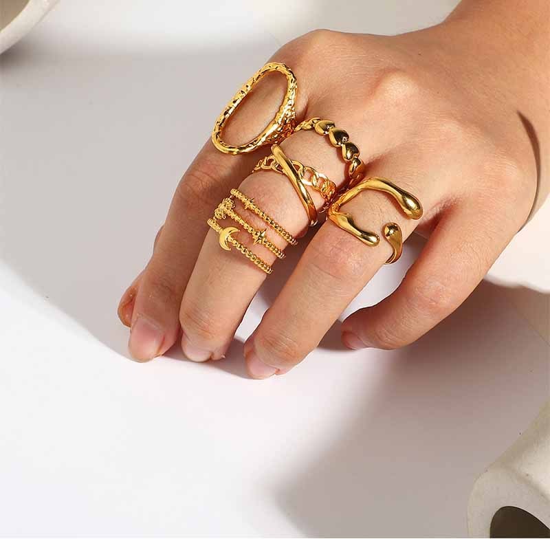 Wholesale Geometric Summer Stainless Steel Mix Open Jewel Women Finger Free Size Gold Rings Set For Women