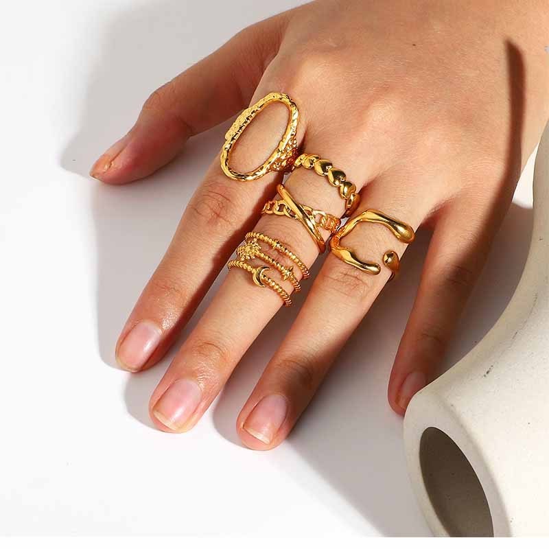 Wholesale Geometric Summer Stainless Steel Mix Open Jewel Women Finger Free Size Gold Rings Set For Women