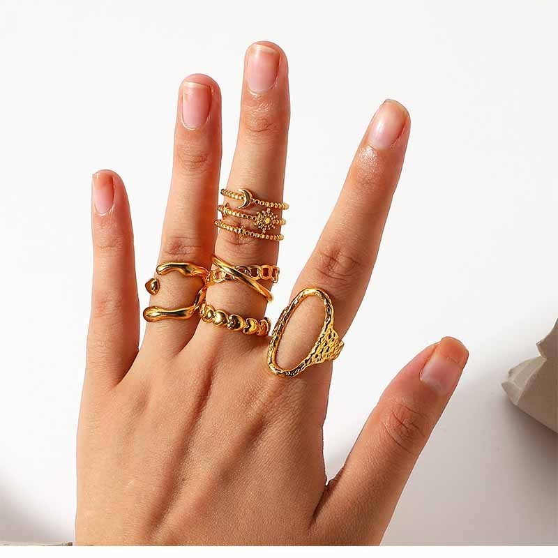 Wholesale Geometric Summer Stainless Steel Mix Open Jewel Women Finger Free Size Gold Rings Set For Women