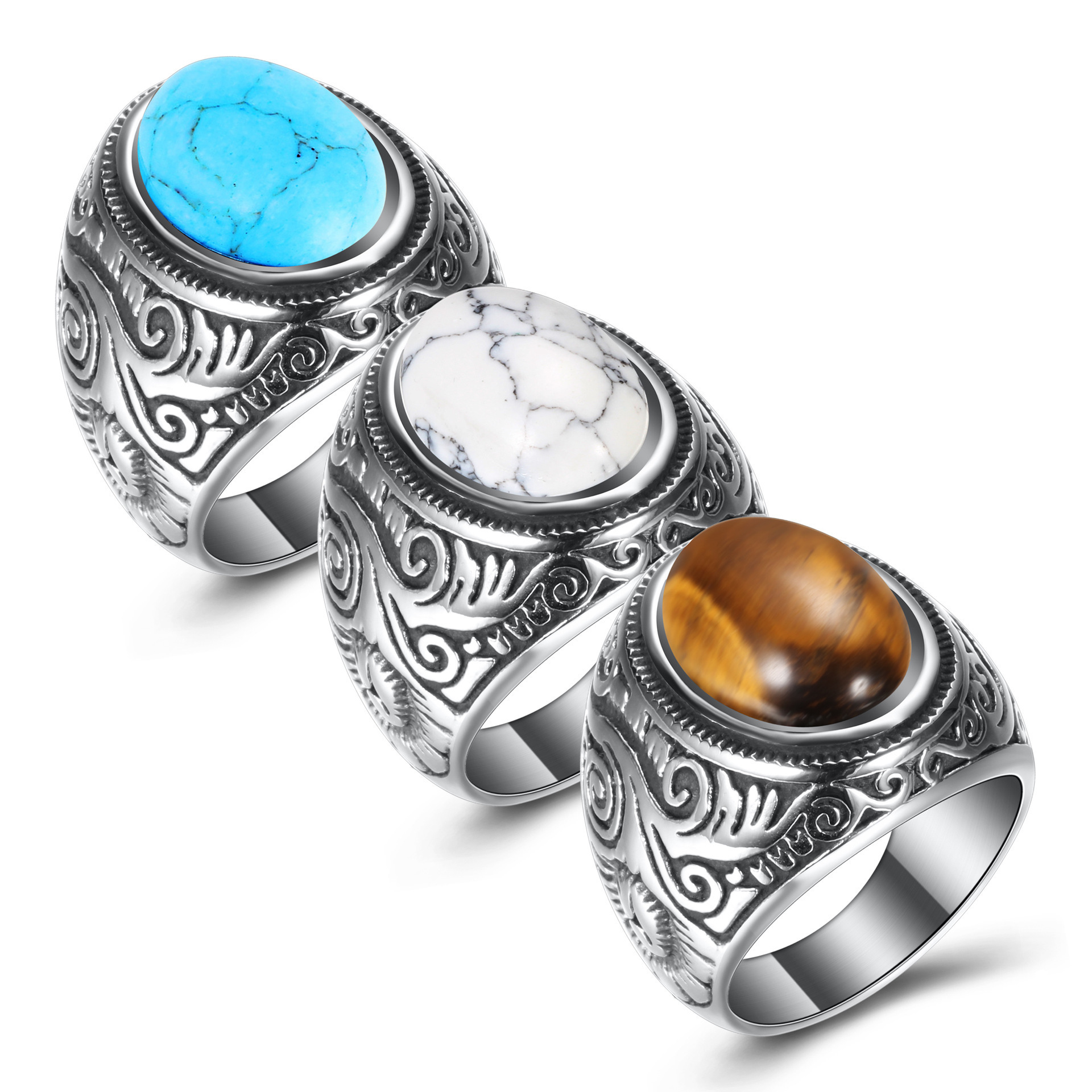 INS Hot Fashion Jewelry Stainless Steel Retro Palace Turquoise Titanium Steel Men's Finger Rings