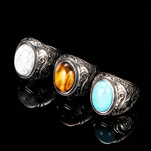 INS Hot Fashion Jewelry Stainless Steel Retro Palace Turquoise Titanium Steel Men's Finger Rings