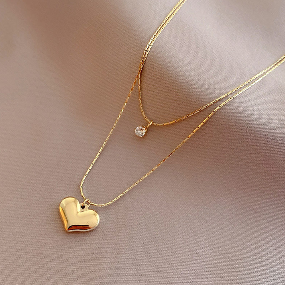 Double Layer Chain Charm Jewelry Cubic Zirconia Stone Gold Plated Necklace Stainless Steel Love Heart Necklace