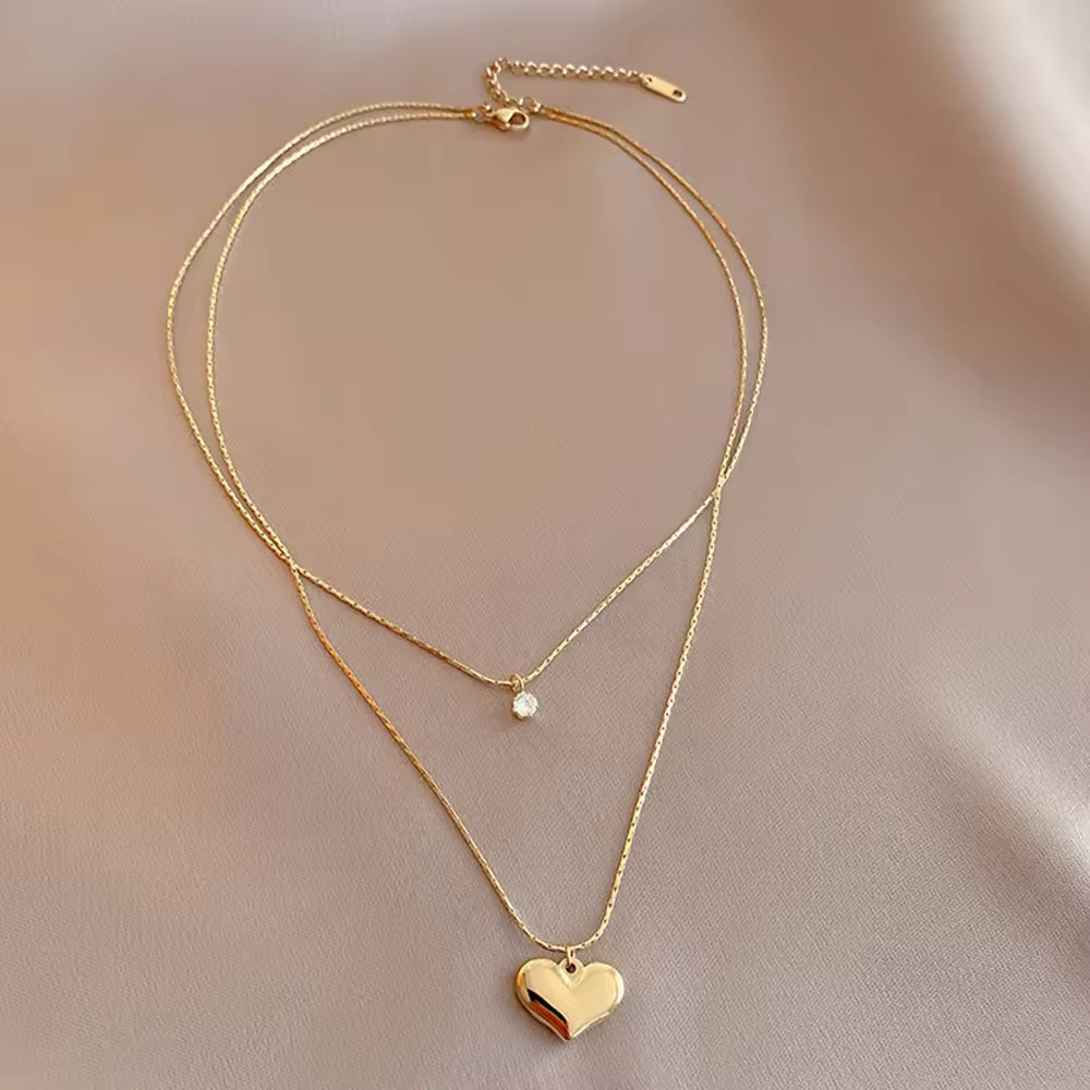 Double Layer Chain Charm Jewelry Cubic Zirconia Stone Gold Plated Necklace Stainless Steel Love Heart Necklace