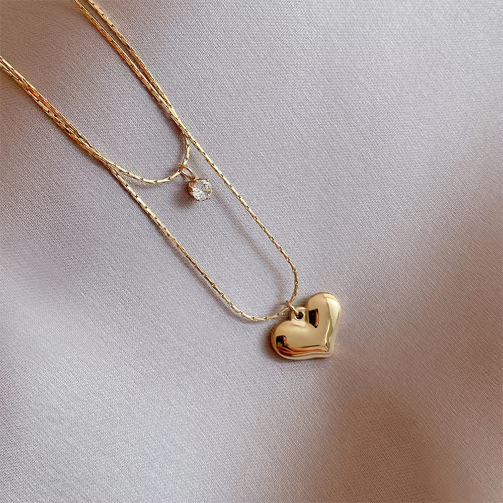 Double Layer Chain Charm Jewelry Cubic Zirconia Stone Gold Plated Necklace Stainless Steel Love Heart Necklace