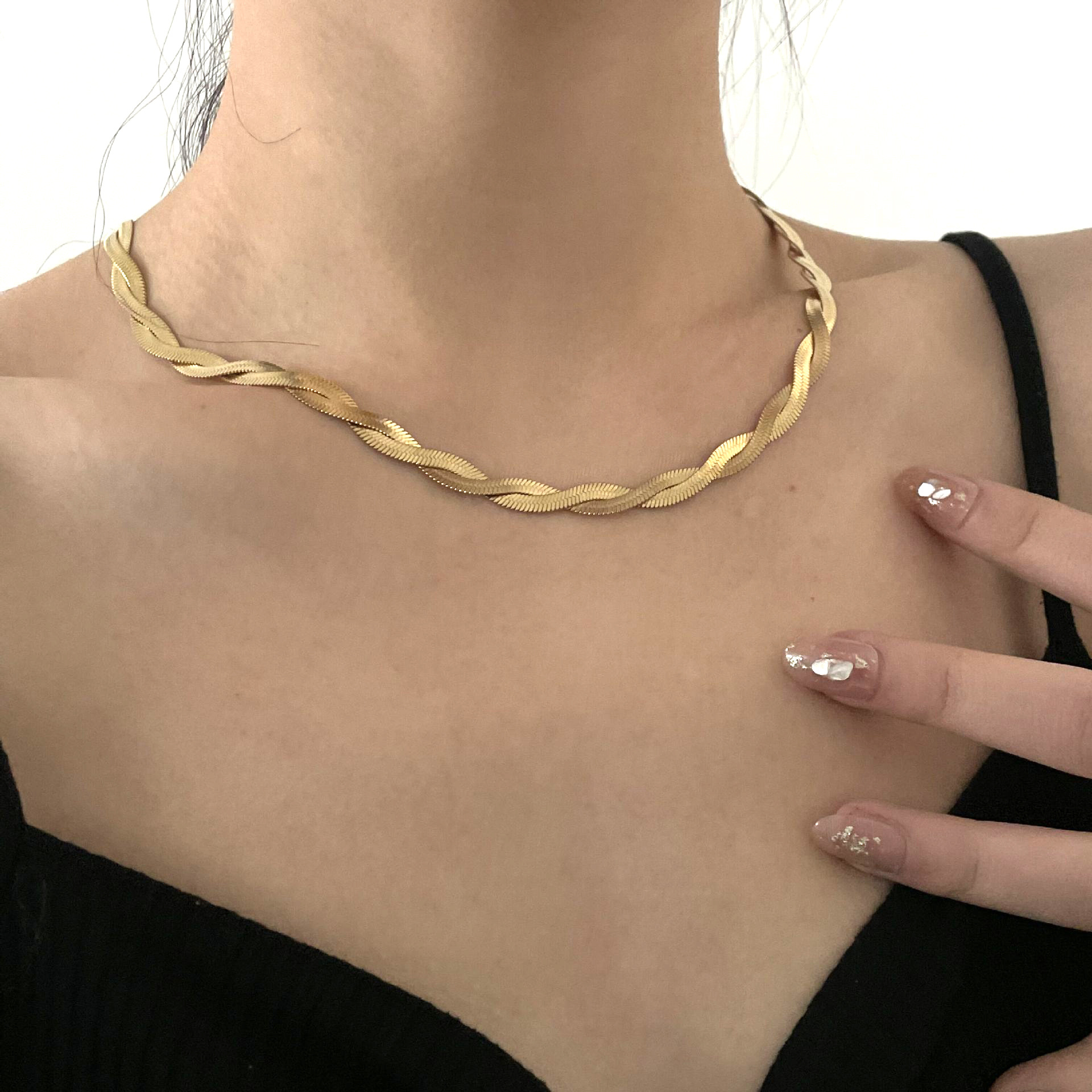 Fine Jewelry Necklace Gold plated fashion Stainless Steel 18K Double layer twisted herringbone snake chain necklace for women