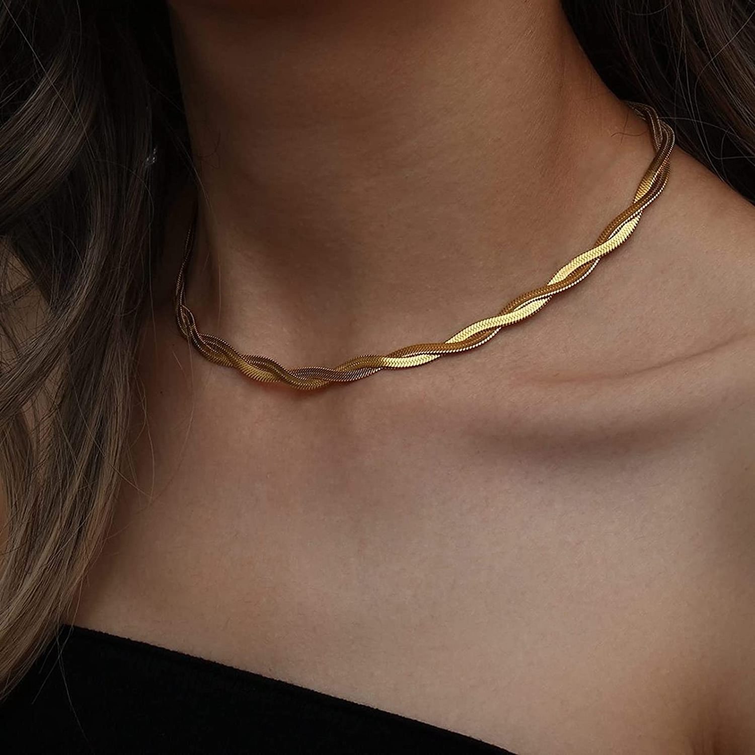 Fine Jewelry Necklace Gold plated fashion Stainless Steel 18K Double layer twisted herringbone snake chain necklace for women