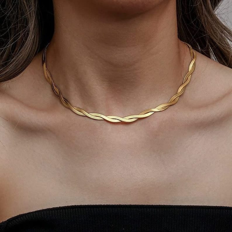 Fine Jewelry Necklace Gold plated fashion Stainless Steel 18K Double layer twisted herringbone snake chain necklace for women