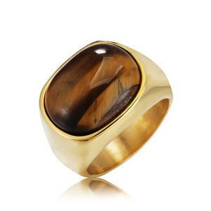 Retro Fashion Light Luxury Jewelry Hip Hop Tiger Eye Stone Men Ring Gold Plated Stainless Steel Natural Stone Finger Ring