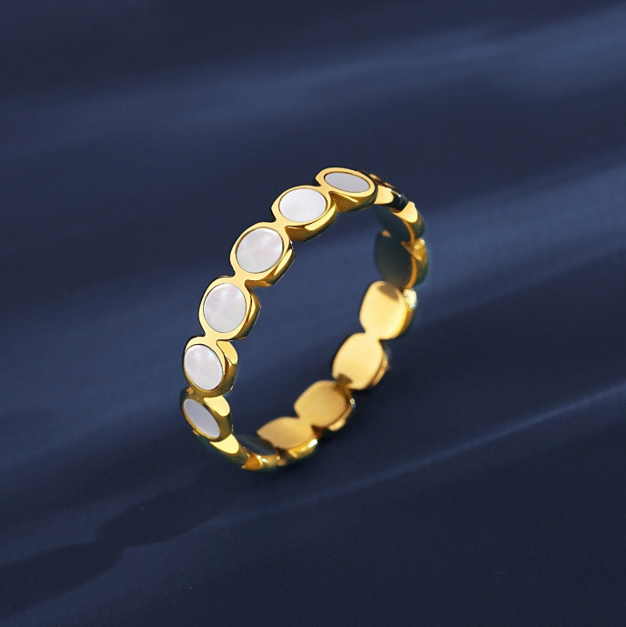 Luxury Vintage Stainless Steel Gold Plated Mother Of Pearl Stacking Disc Cluster Statement Band Ring