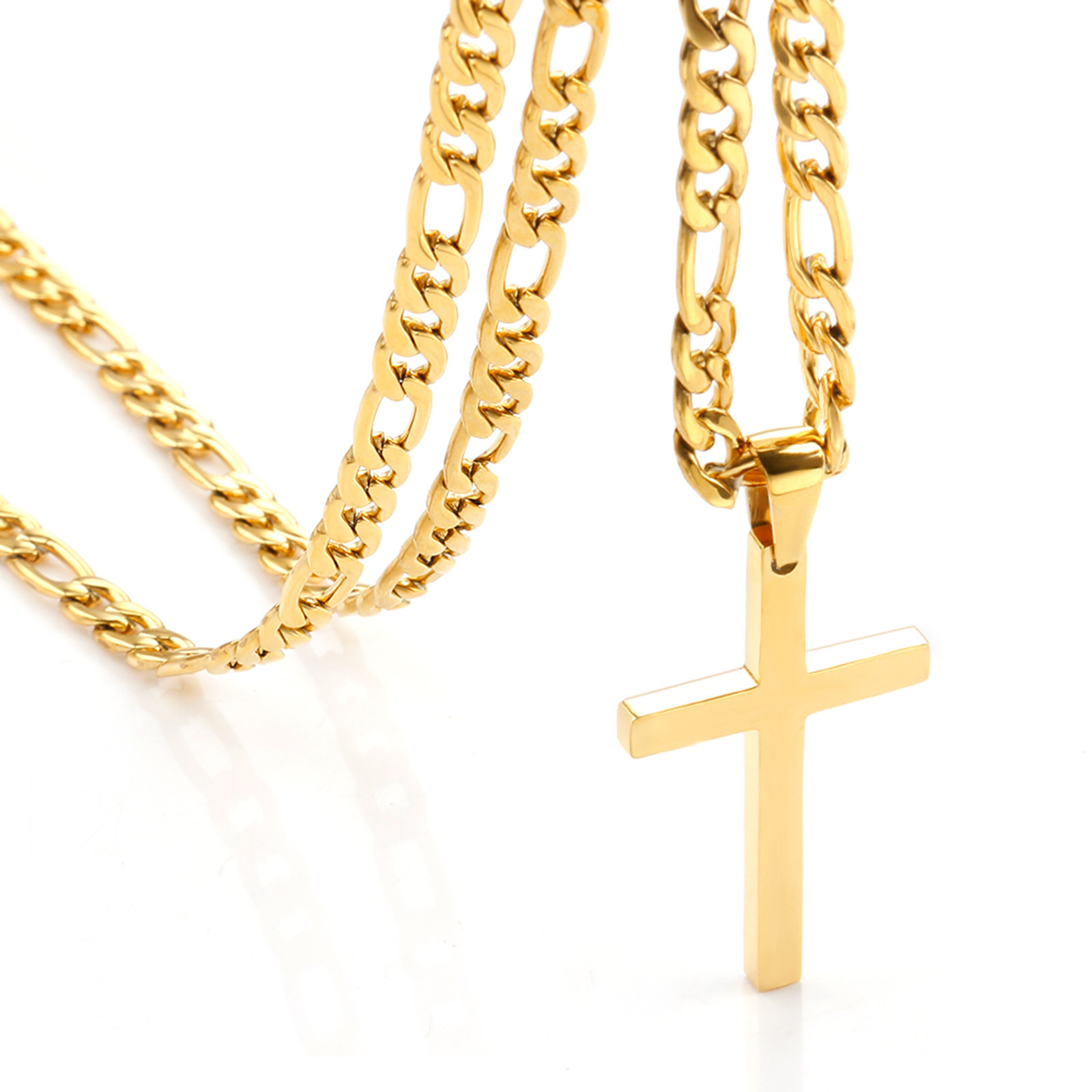 Religious Style SilverNK Chain Gold Plated Stainless Steel Cross  Figaro Chain Pendant Necklace for Women Men Gift