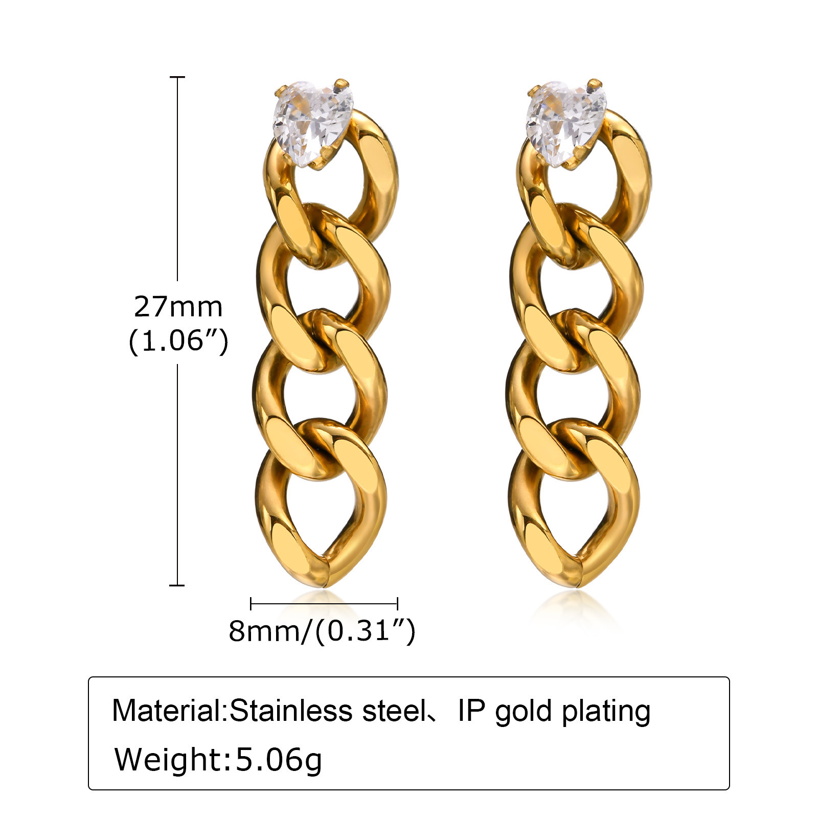 Hip Hop Jewelry Shinny Heart Diamond Stud Earring Stainless Steel 18K Gold Plated Cuban Link Chain Earring For Women