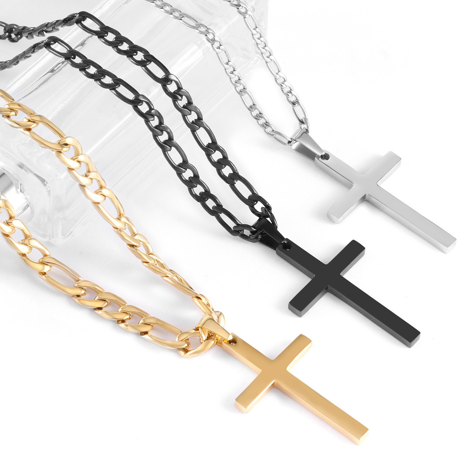 Religious Style SilverNK Chain Gold Plated Stainless Steel Cross  Figaro Chain Pendant Necklace for Women Men Gift