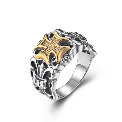 Hip Hop Style Ancient Vintage Crusader Cross Medieval Silver Gold Plated Stainless Steel Ring for Men Gifts