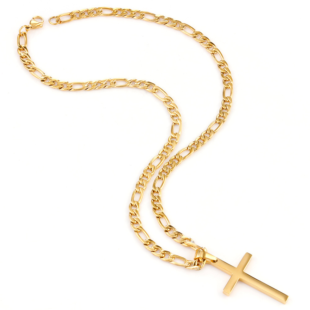 Religious Style SilverNK Chain Gold Plated Stainless Steel Cross  Figaro Chain Pendant Necklace for Women Men Gift