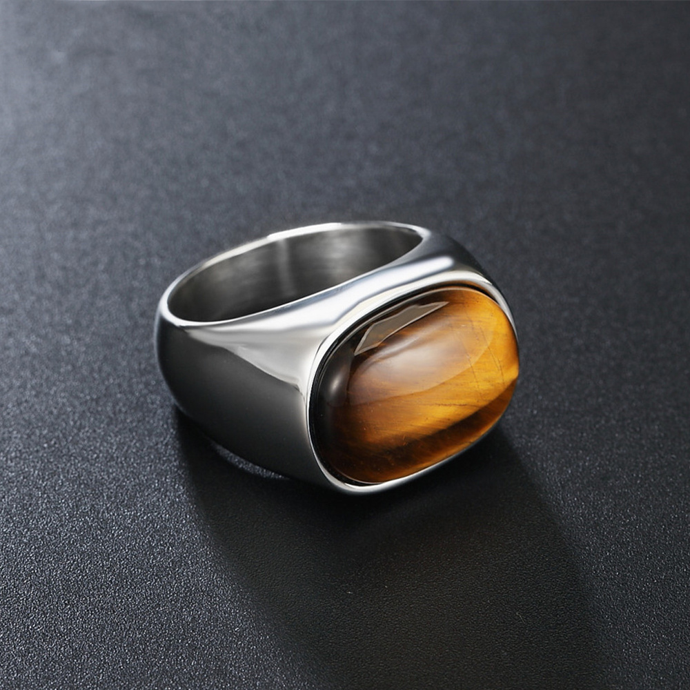 Retro Fashion Light Luxury Jewelry Hip Hop Tiger Eye Stone Men Ring Gold Plated Stainless Steel Natural Stone Finger Ring