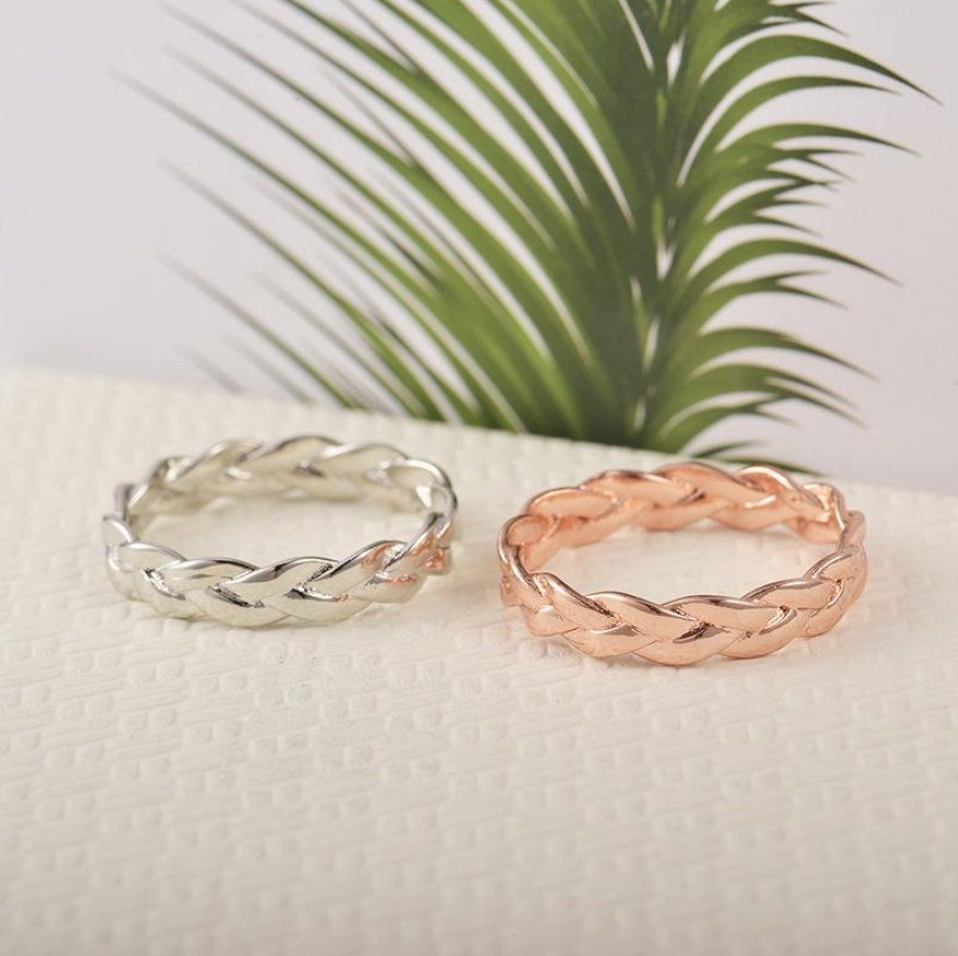 Fashionable 925 sterling silver rose gold plated twisted close chain finger rings for unisex jewelry