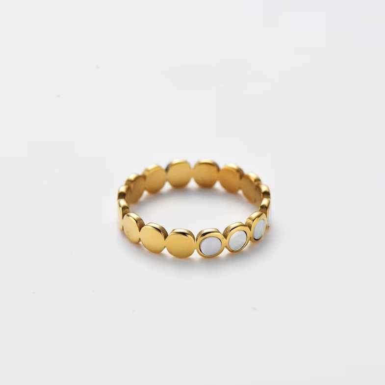 Luxury Vintage Stainless Steel Gold Plated Mother Of Pearl Stacking Disc Cluster Statement Band Ring