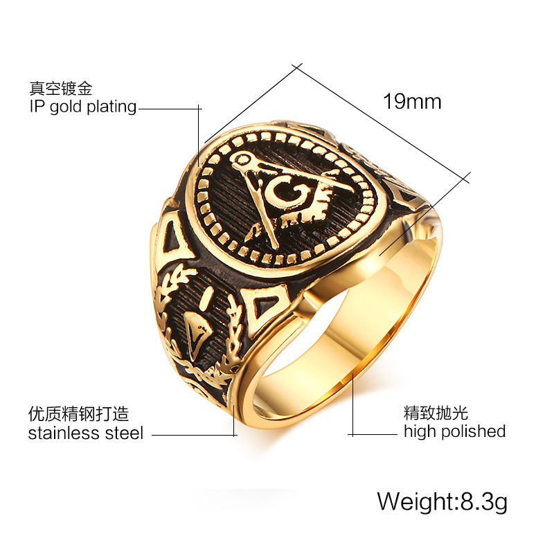 Factory direct wholesale stainless steel men's ring gold antique Masonic ring