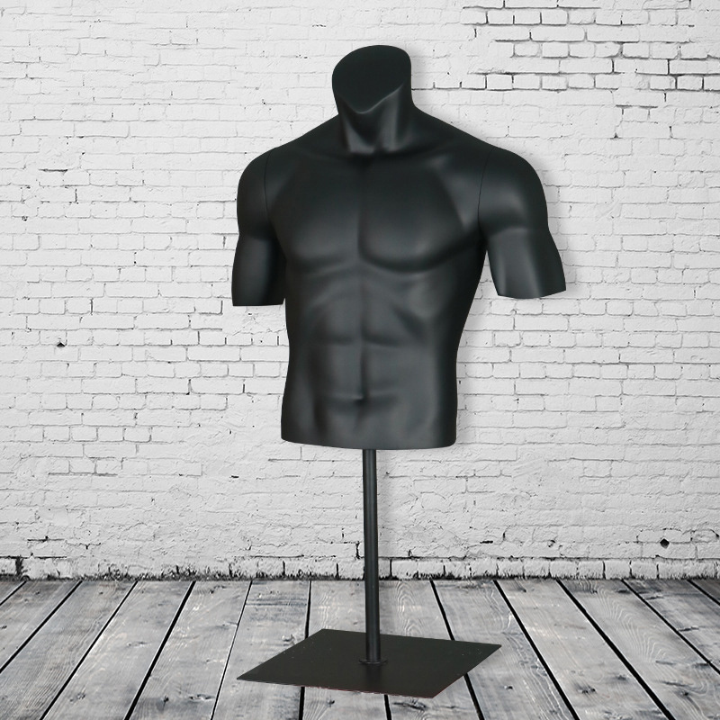 Black plastic half body muscular bodybuilder sports clothes male female mannequin torso with stand