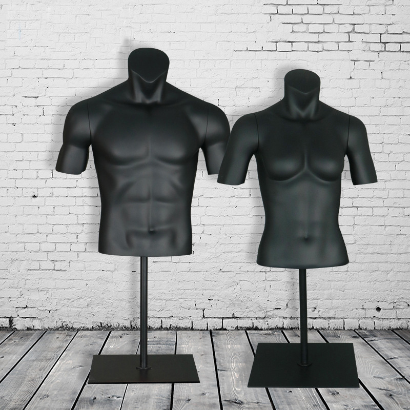 Black plastic half body muscular bodybuilder sports clothes male female mannequin torso with stand